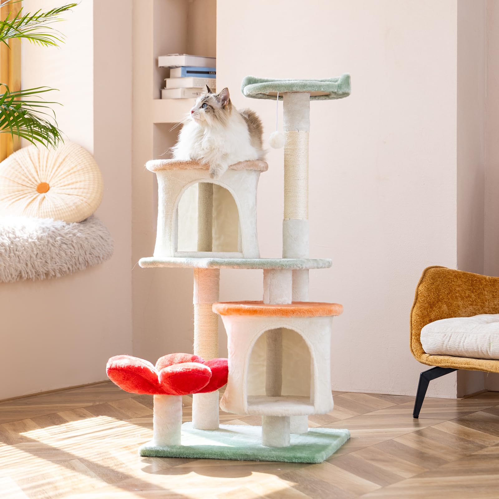 48 inch modern cat tree with suspended basket and floral design, multi-layered cat tower with plush padding