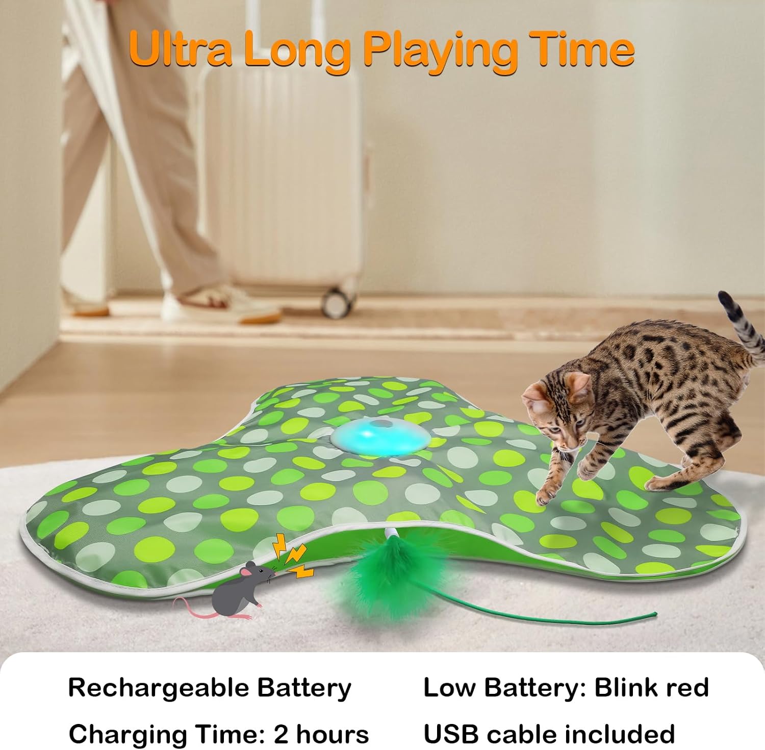 Mobile hidden feathers, real mouse squeaking, touch activated cat toys