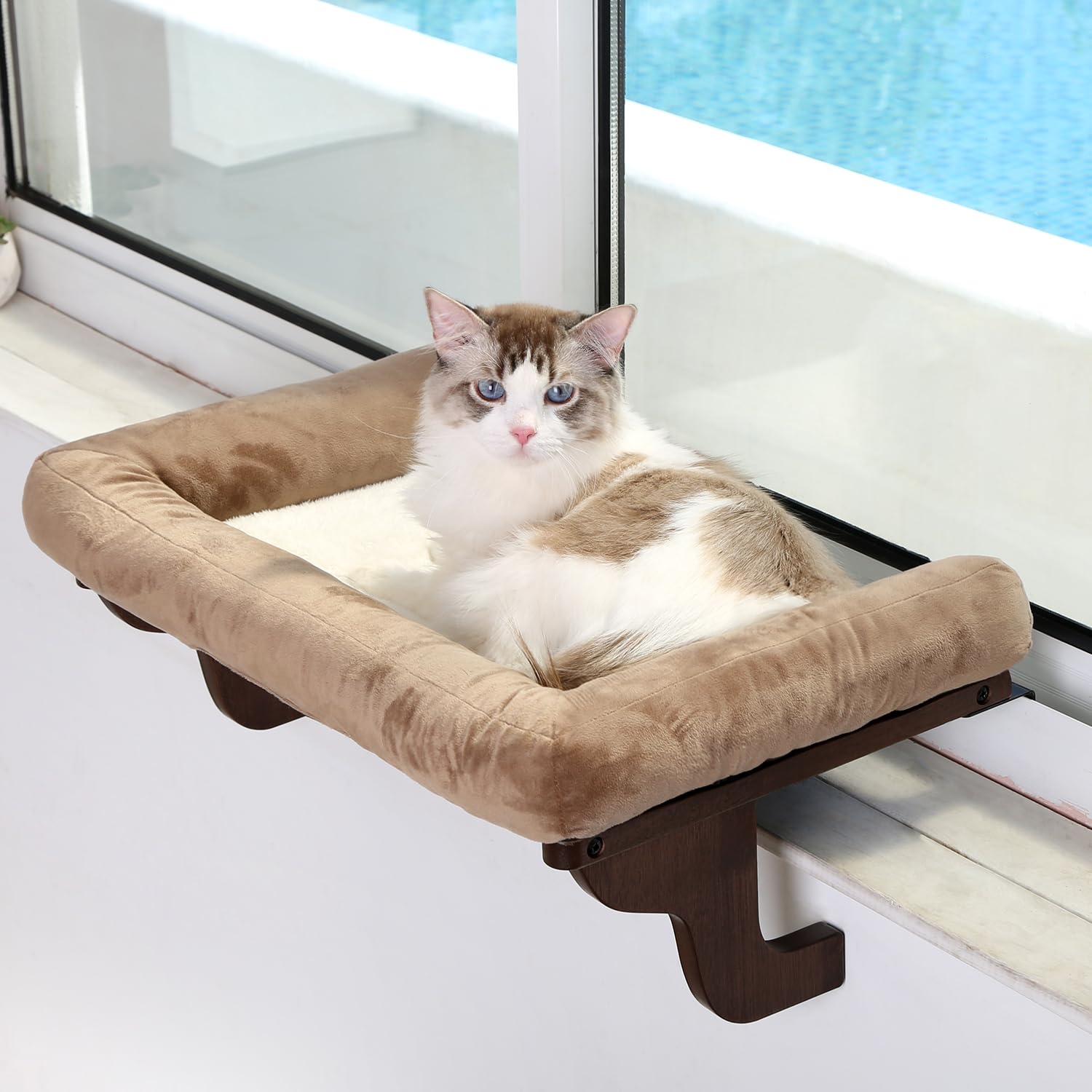 Cat pad, used for window sills with cushions - orthopedic hammock design, made of high-quality hardwood and sturdy metal frame - natural color wood gray bed