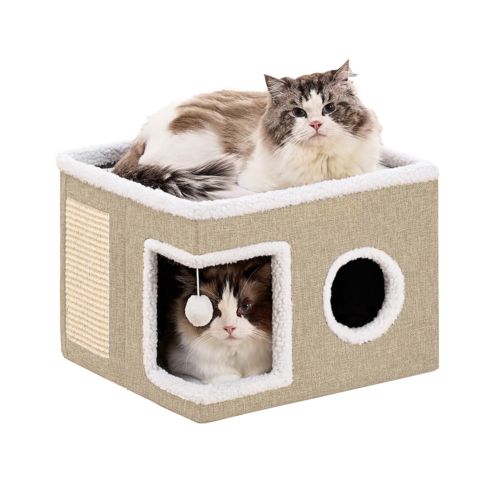 Equipped with fluffy balls and floor mats | Foldable cat bed hole, suitable for multiple pets, 16x16x13 inches, gray