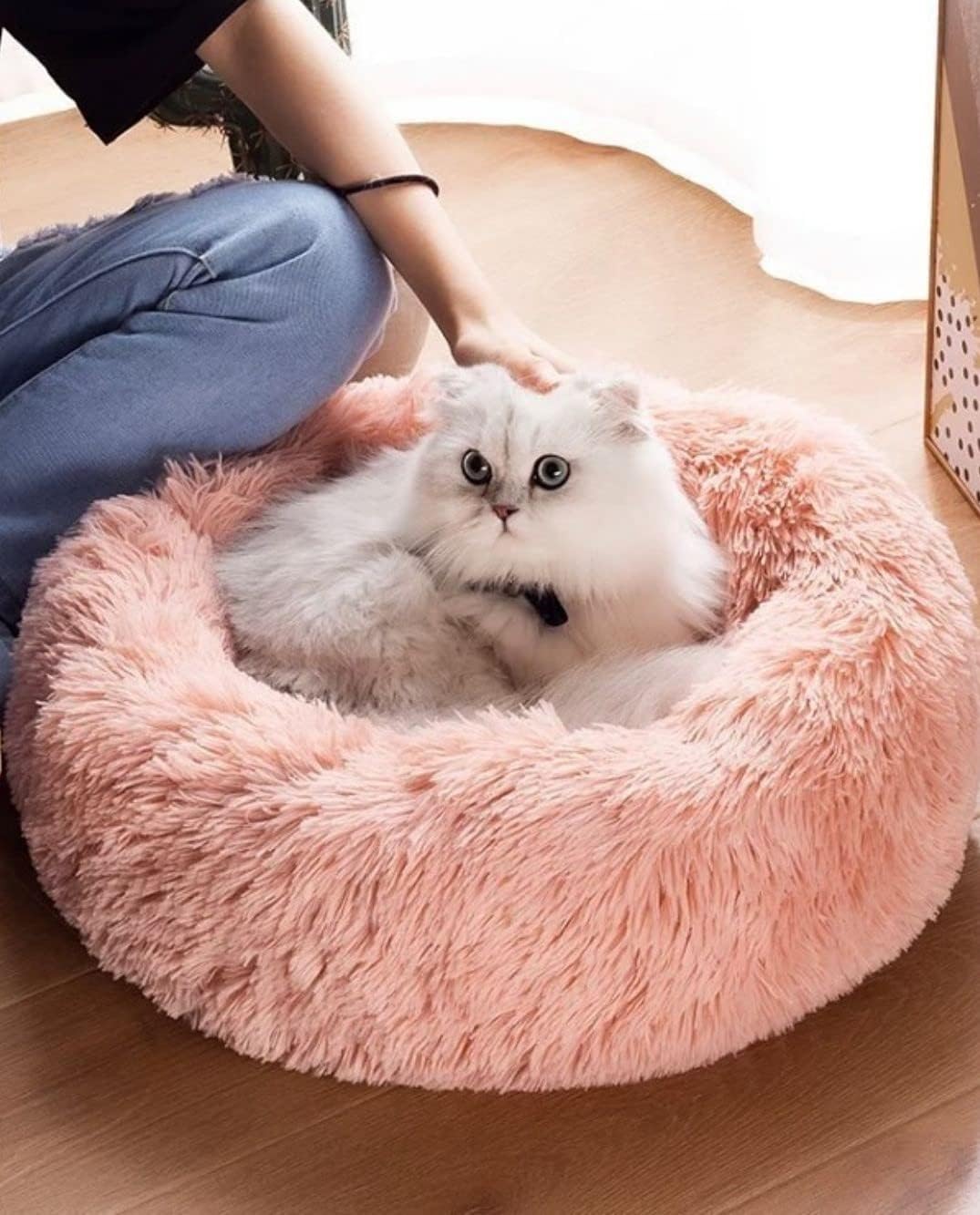 20/24 inch washable cat bed, small to medium-sized dog bed, anti anxiety round fluffy plush faux fur pet bed (pink, medium)