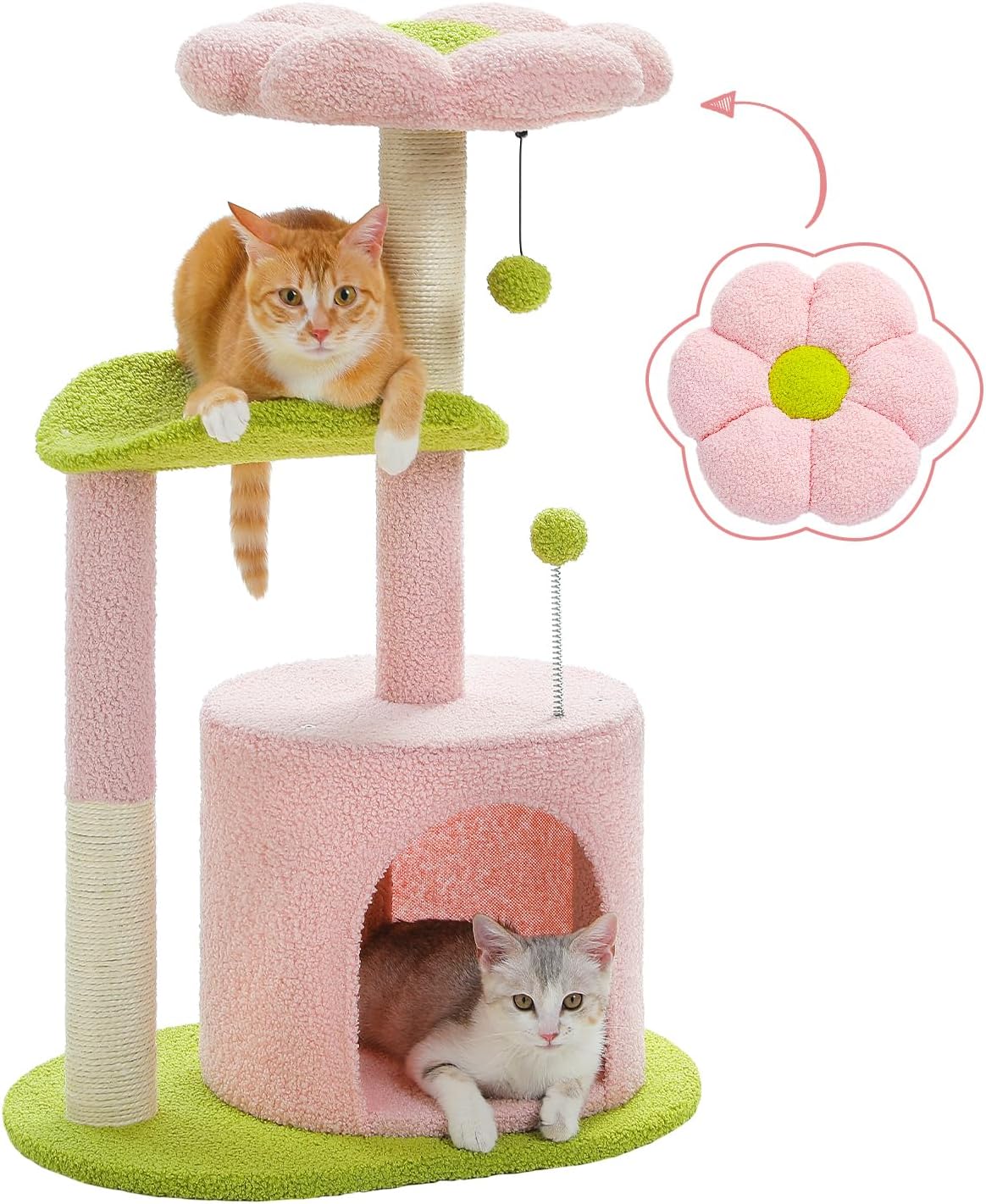 Roadflower Cat Tree Pink 32 inch Kitten Tower Cat Grab Post with Bent Bass, Comfortable Cat Apartment Detachable Flower Bed