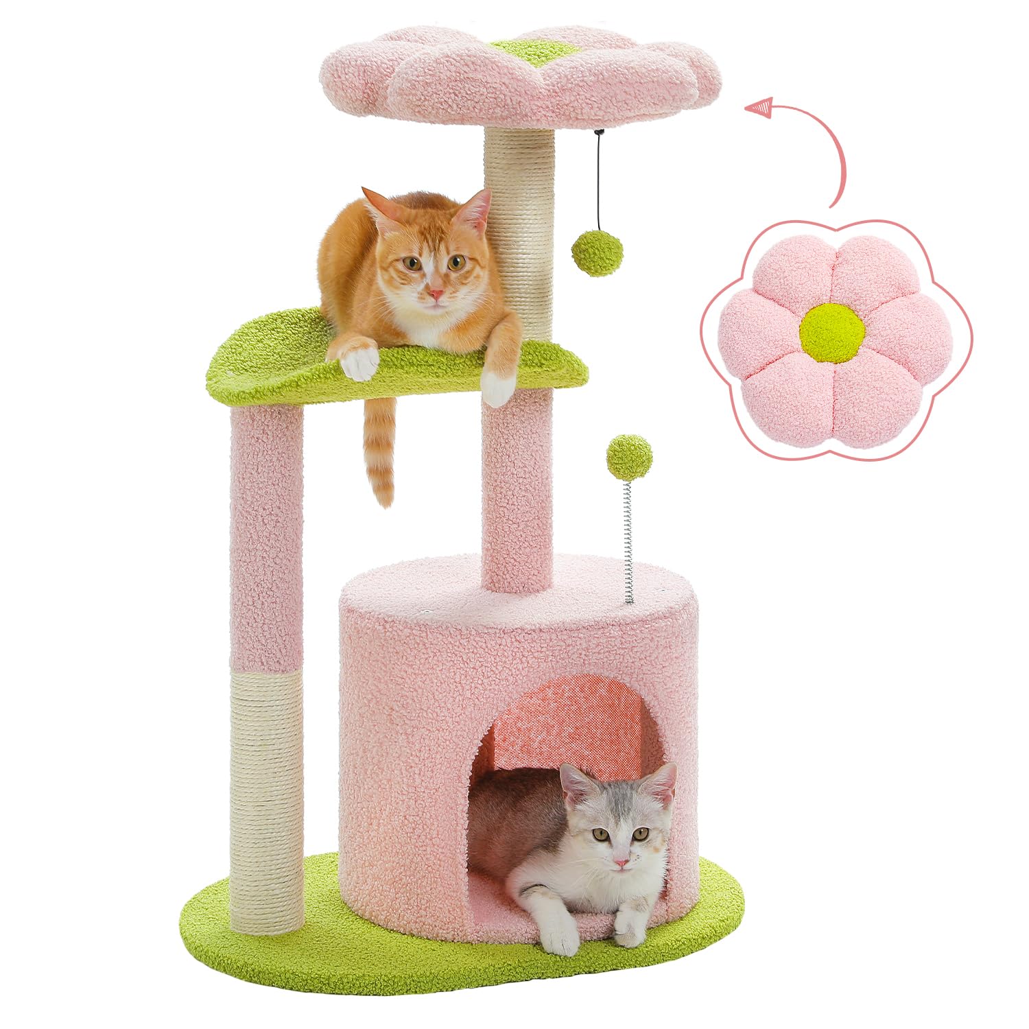 Roadflower Cat Tree Pink 32 inch Kitten Tower Cat Grab Post with Bent Bass, Comfortable Cat Apartment Detachable Flower Bed
