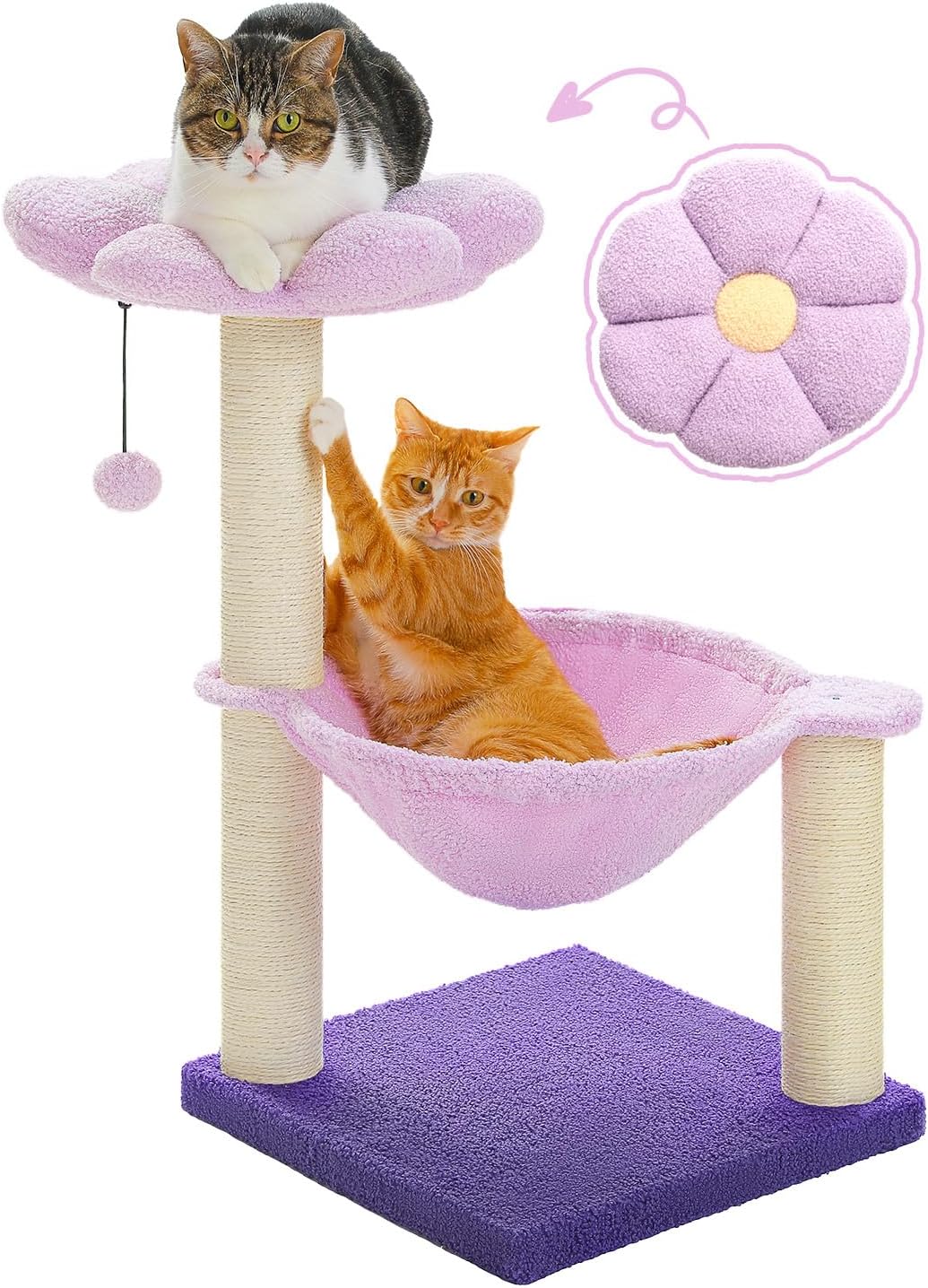 Flower cat tree, 28 inch cat tower with comfortable perch, large hammock for indoor cats, pink