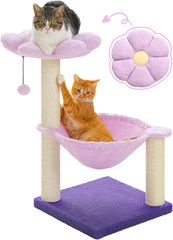 Flower cat tree, 28 inch cat tower with comfortable perch, large hammock for indoor cats, pink