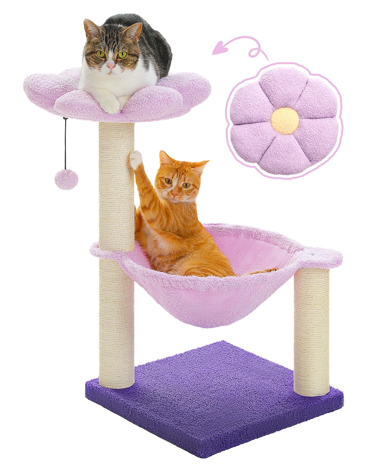 Flower cat tree, 28 inch cat tower with comfortable perch, large hammock for indoor cats, pink