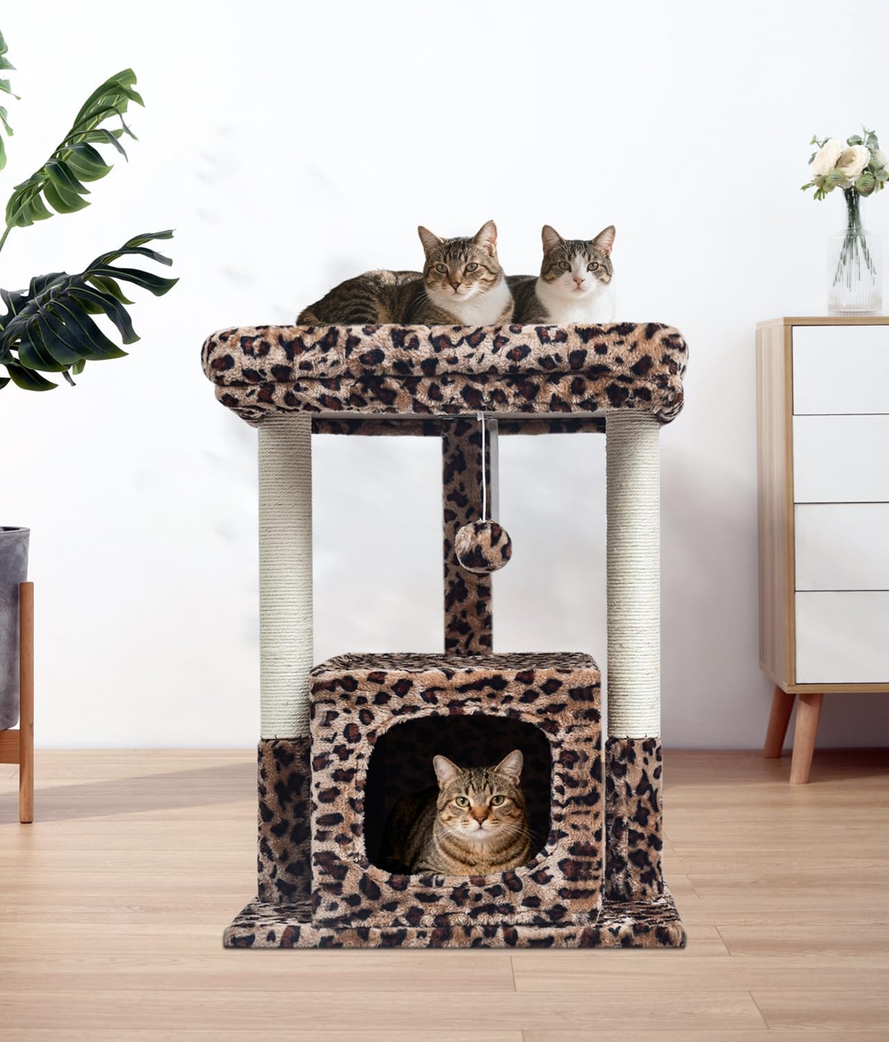 27 inch indoor cat tree, activity tower with scratch column | Modern kitten apartment