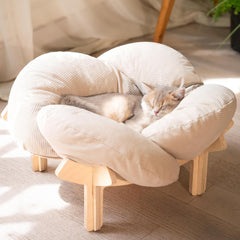 Pet elevated cat bed wooden cushion fluffy pet sofa indoor cat elevated cat leisure chair suitable for small dogs and cats furniture (white)
