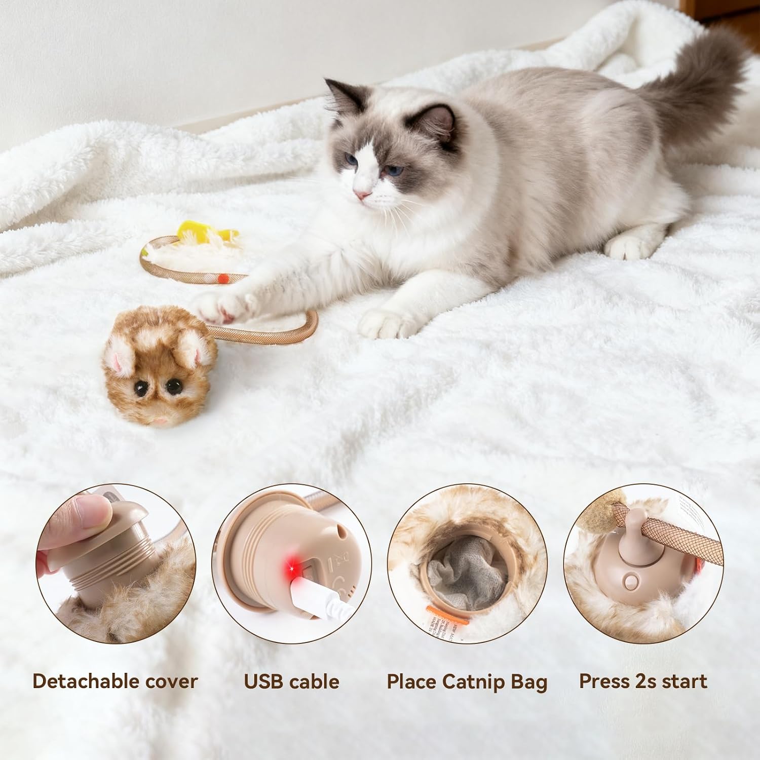 Cat toy 360 ° rolling and rotating, with mesh plastic tail, suitable for indoor cats (brown long)