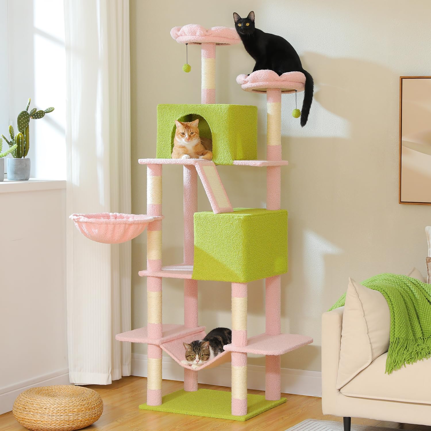 Flower cat tree with large metal frame hammock, 35 inch cute cat tower, with sisal grab post, suitable for small indoor cats