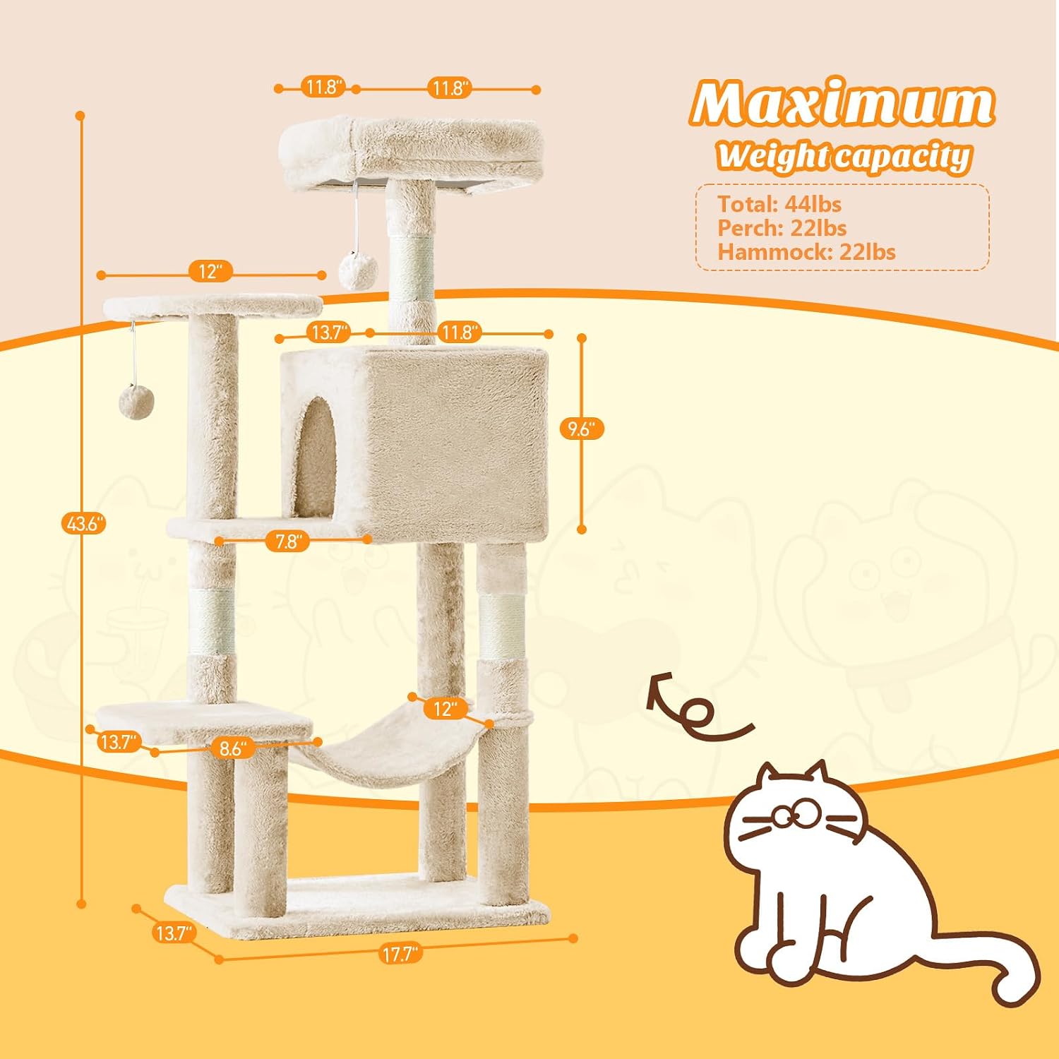 44 inch cat tree tower, cat climbing tower with natural sisal grab pole, hammock