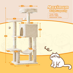 44 inch cat tree tower, cat climbing tower with natural sisal grab pole, hammock