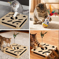 Nail file activity center with sandpaper scratch pad and clock ball toy - stress relieving and puzzle natural beech cat toy