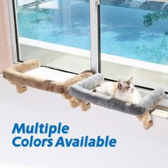 Cat pad, used for window sills with cushions - orthopedic hammock design, made of high-quality hardwood and sturdy metal frame - natural color wood gray bed