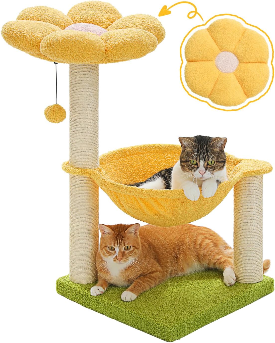 Flower cat tree, 28 inch cat tower with comfortable perch, large hammock for indoor cats, pink