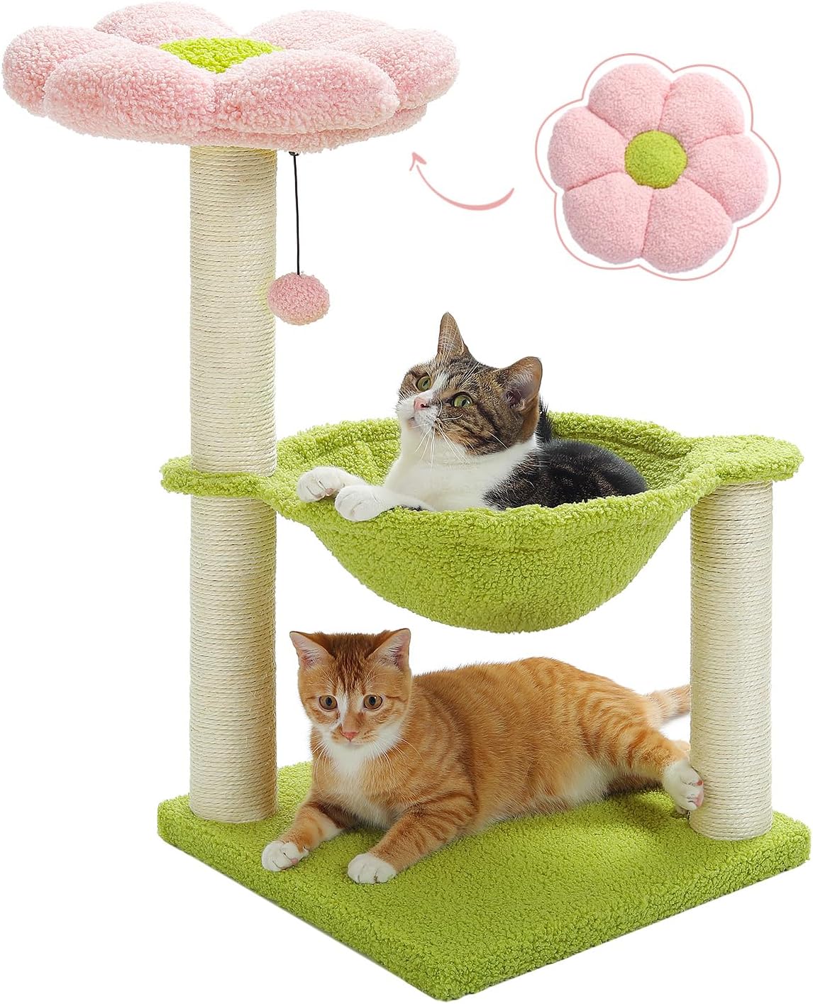 Flower cat tree, 28 inch cat tower with comfortable perch, large hammock for indoor cats, pink