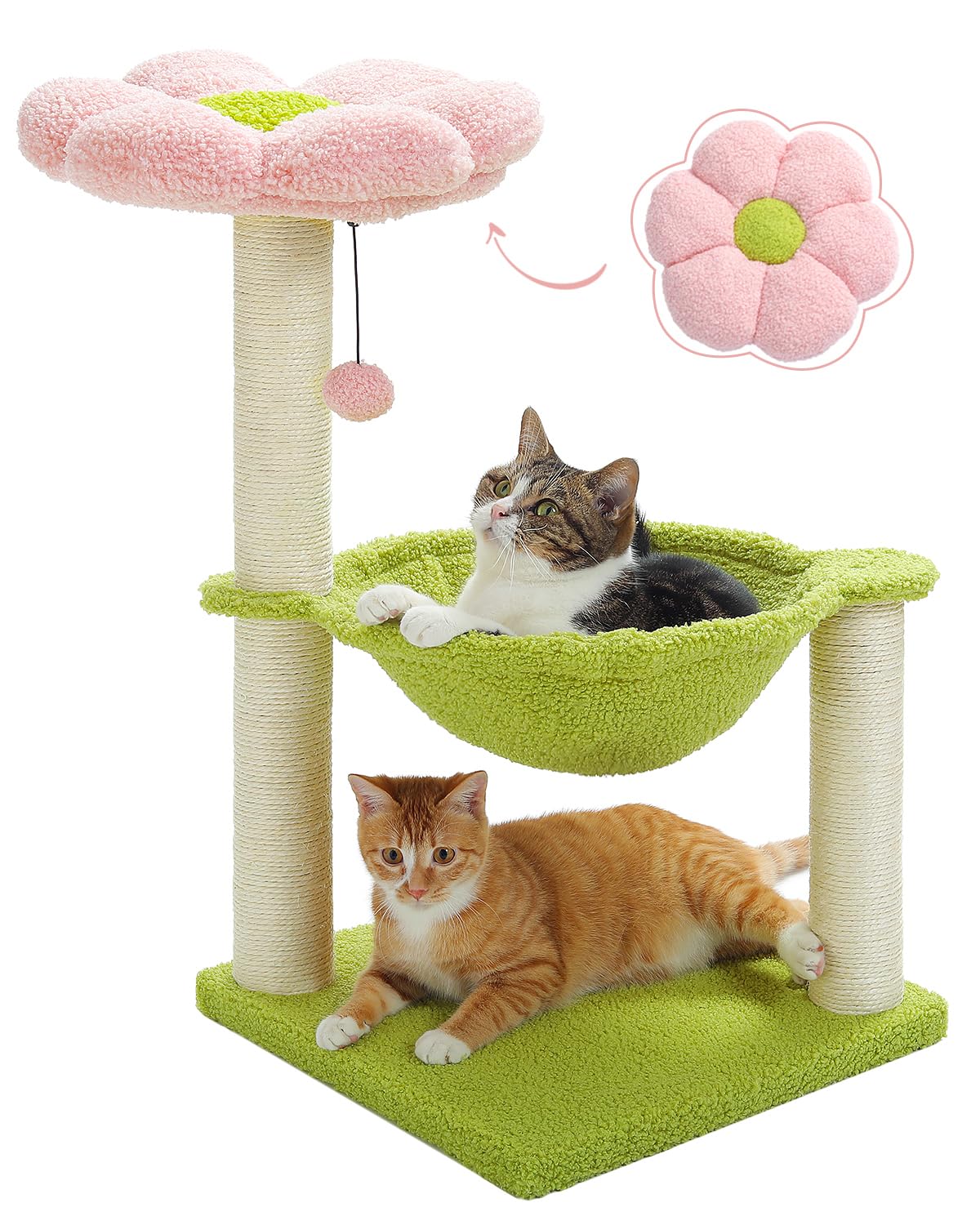 Flower cat tree, 28 inch cat tower with comfortable perch, large hammock for indoor cats, pink