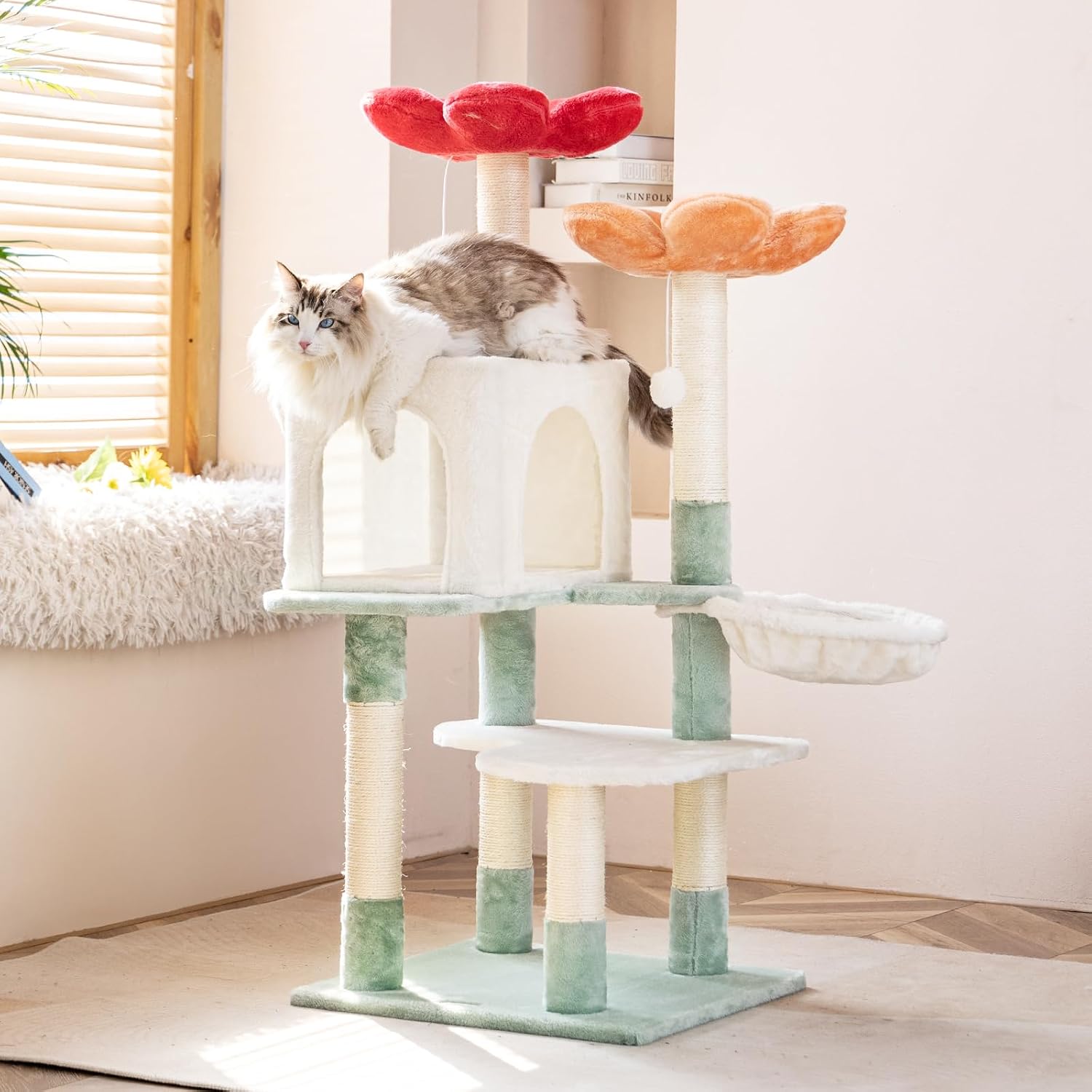 48 inch modern cat tree with suspended basket and floral design, multi-layered cat tower with plush padding