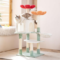 48 inch modern cat tree with suspended basket and floral design, multi-layered cat tower with plush padding