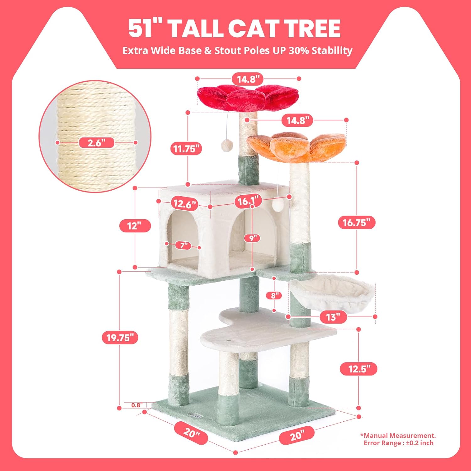 48 inch modern cat tree with suspended basket and floral design, multi-layered cat tower with plush padding