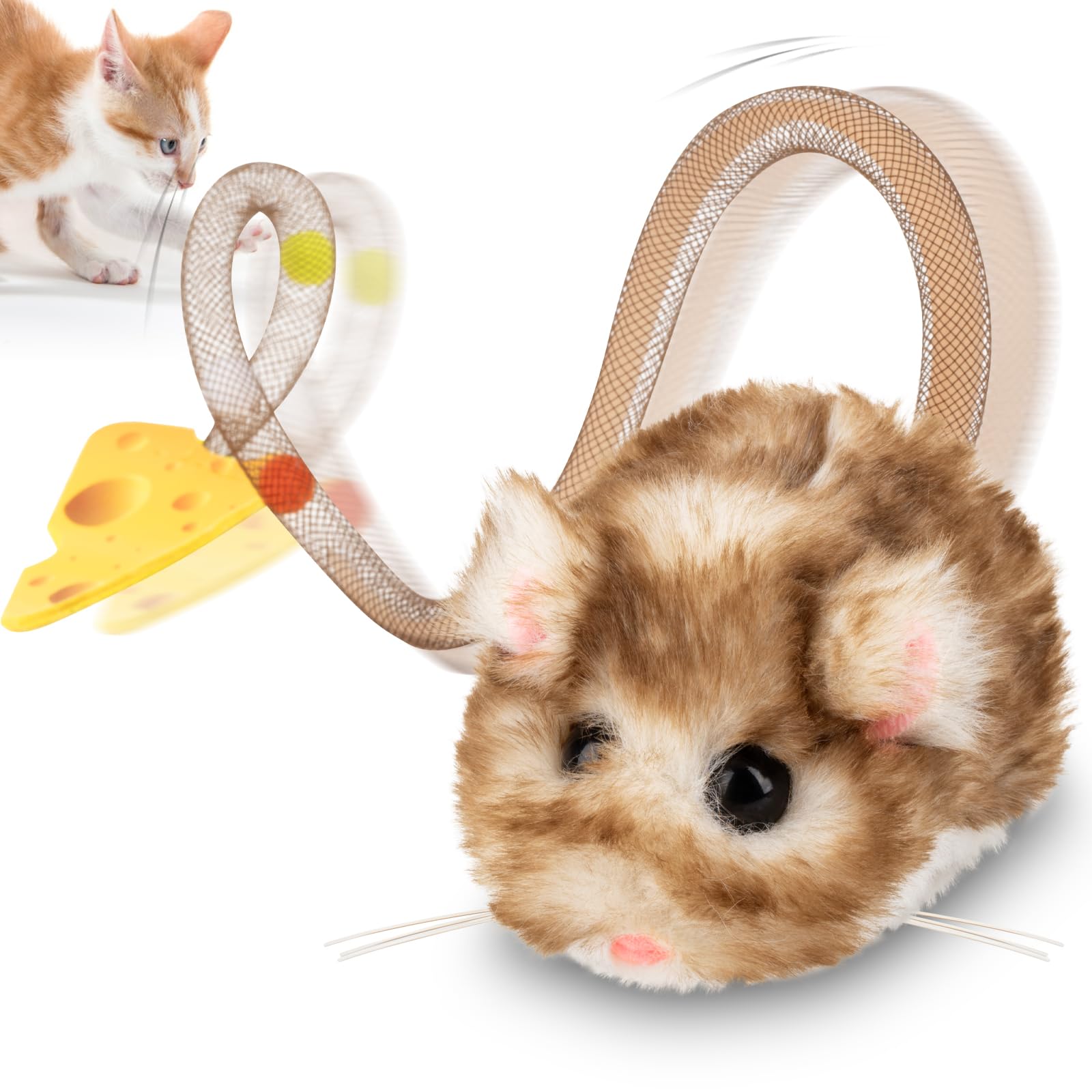 Cat toy 360 ° rolling and rotating, with mesh plastic tail, suitable for indoor cats (brown long)