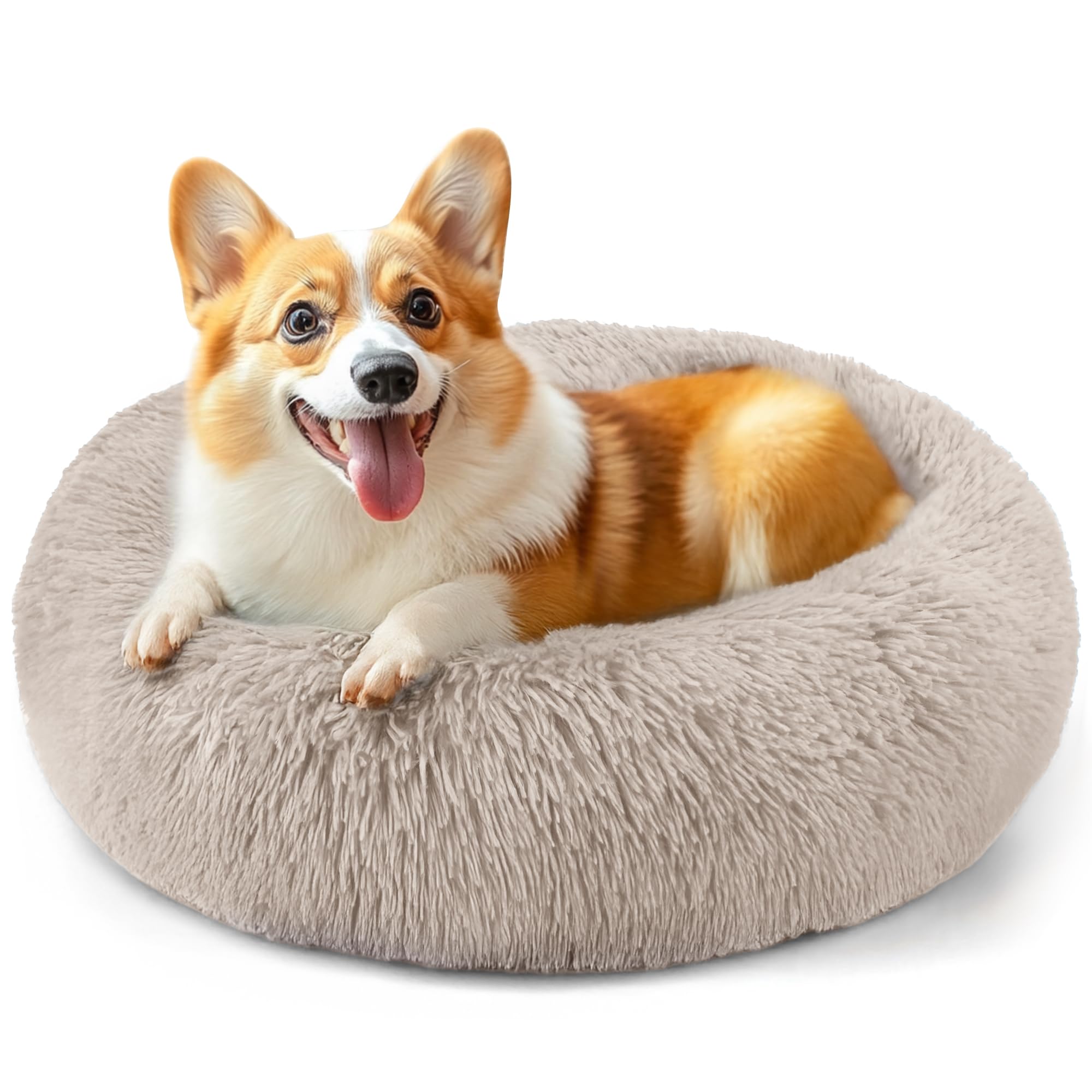 Cat bed, 20 inch soothing donut bed for puppies and kittens, washable round fluffy pet bed for small and medium-sized dogs and cats (light gray)