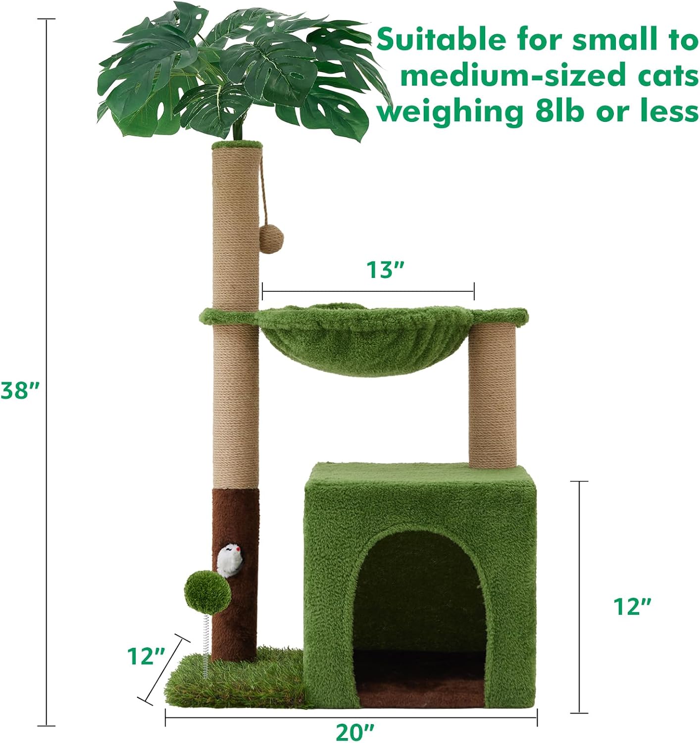 Palm tree, cat tree, 37 inch pole grabbing tower, tropical jungle amusement park, and comfortable plush hammock with natural jute and sisal rope