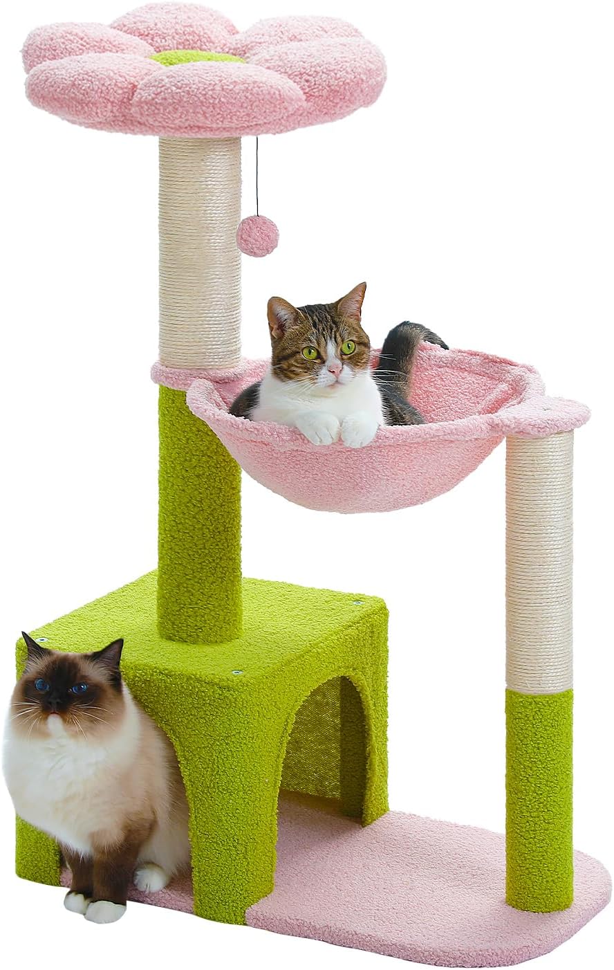 Flower cat tree with large metal frame hammock, 35 inch cute cat tower, with sisal grab post, suitable for small indoor cats