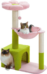 Flower cat tree with large metal frame hammock, 35 inch cute cat tower, with sisal grab post, suitable for small indoor cats