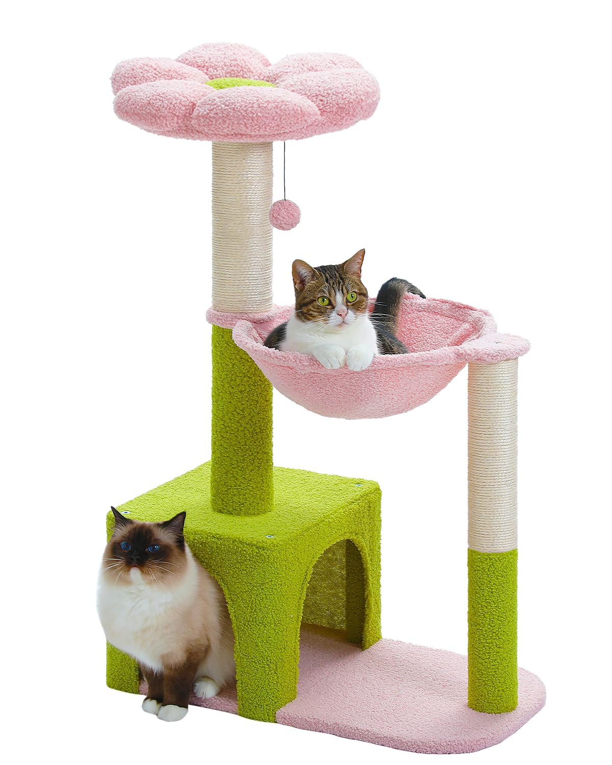 Flower cat tree with large metal frame hammock, 35 inch cute cat tower, with sisal grab post, suitable for small indoor cats