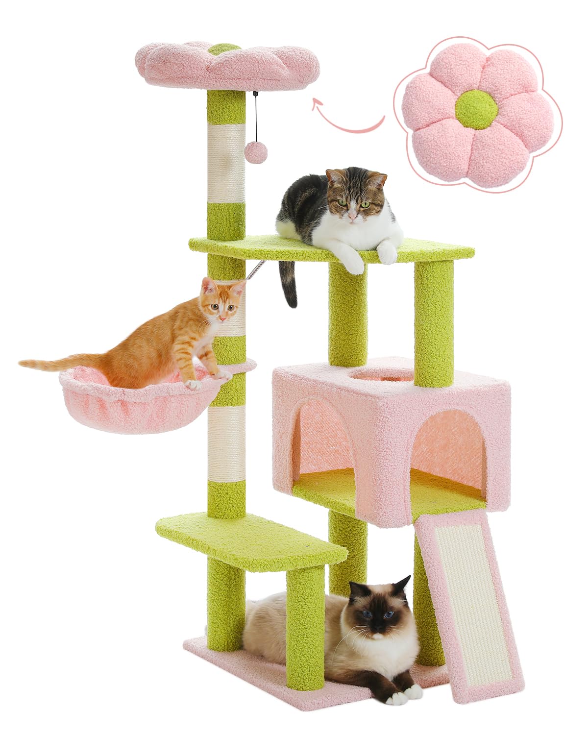 Flower cat tree with large metal frame hammock, 35 inch cute cat tower, with sisal grab post, suitable for small indoor cats