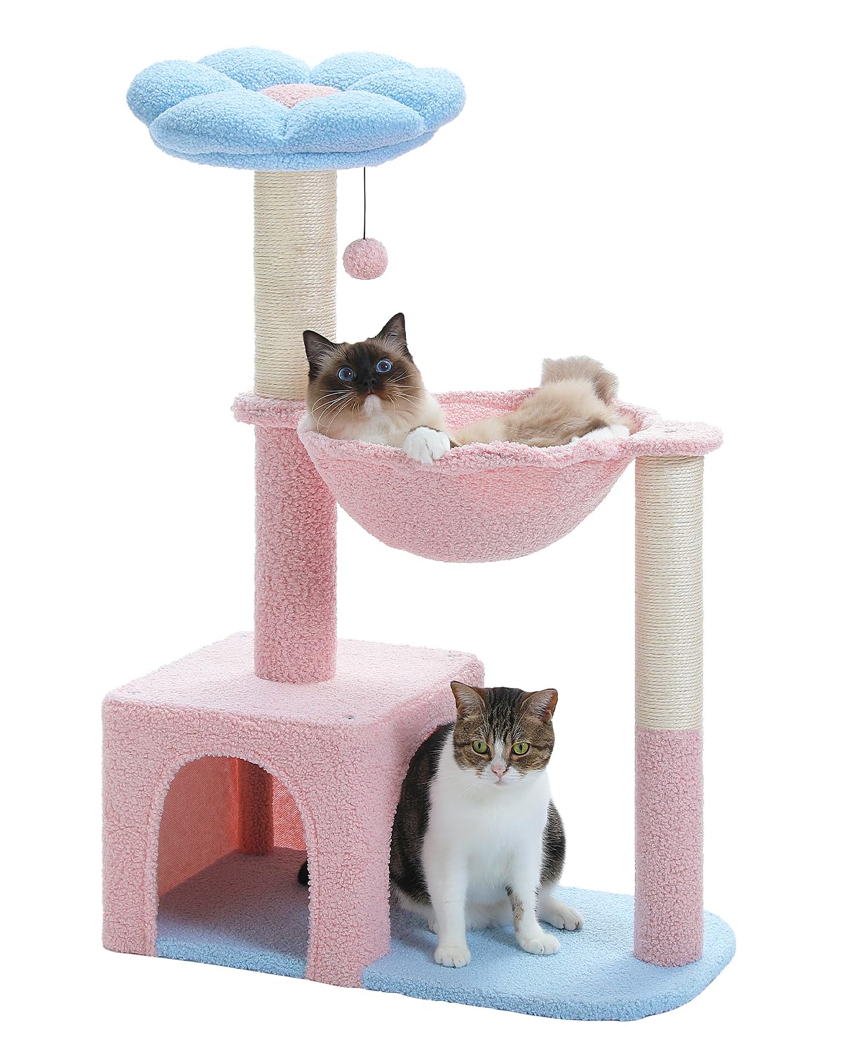 Flower cat tree with large metal frame hammock, 35 inch cute cat tower, with sisal grab post, suitable for small indoor cats