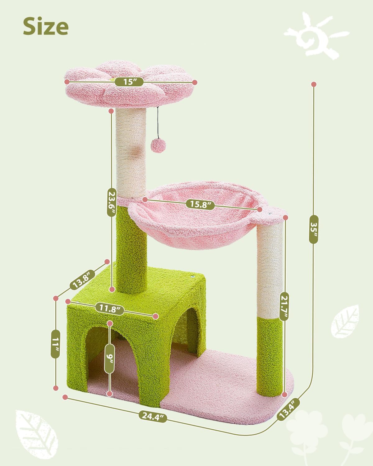 Flower cat tree with large metal frame hammock, 35 inch cute cat tower, with sisal grab post, suitable for small indoor cats