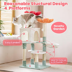 48 inch modern cat tree with suspended basket and floral design, multi-layered cat tower with plush padding