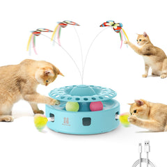 Cat Toy 3-in-1 Automatic Interactive Cat Toy, Butterfly Dancing, Feather Moving, Track Ball, Indoor Sports Kick (Bright White)
