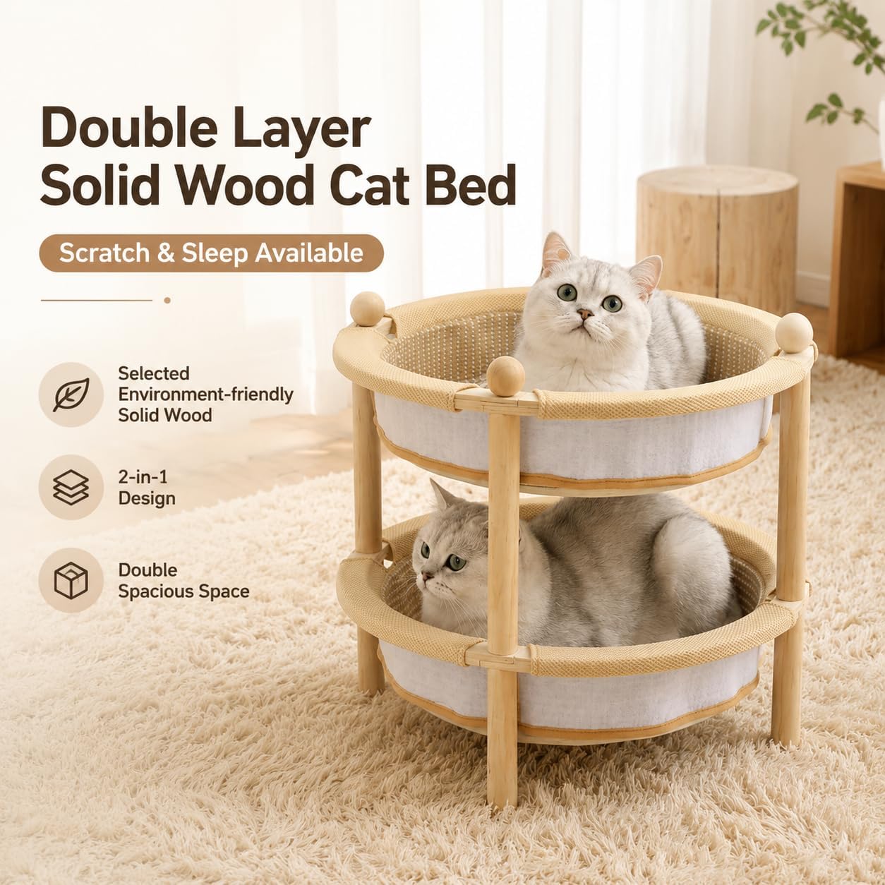 Double layered elevated cat hammock, 2-in-1 natural sisal and jute cat scratching pad, sturdy frame