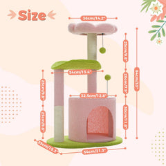 Roadflower Cat Tree Pink 32 inch Kitten Tower Cat Grab Post with Bent Bass, Comfortable Cat Apartment Detachable Flower Bed
