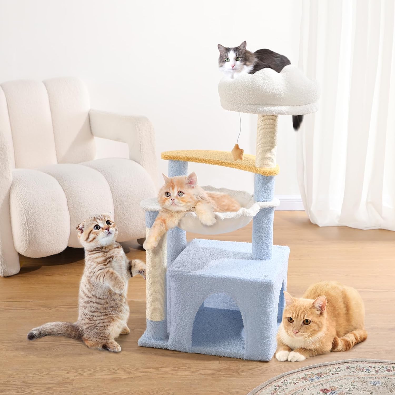 Cat tree and sisal scratching column, cat tower and hammock, cute cat apartment for small indoor cats