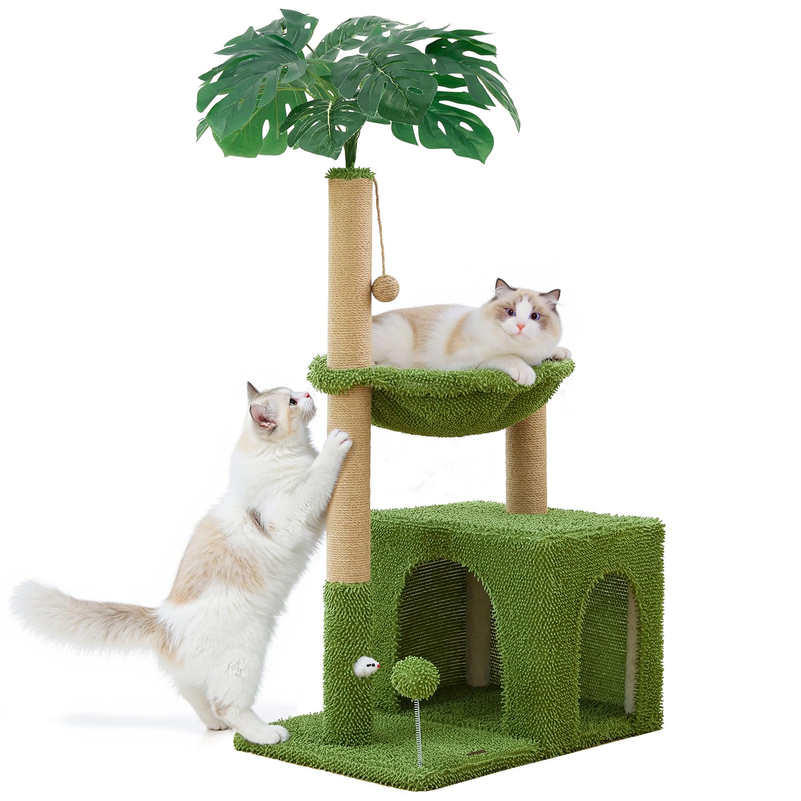 Palm tree, cat tree, 37 inch pole grabbing tower, tropical jungle amusement park, and comfortable plush hammock with natural jute and sisal rope