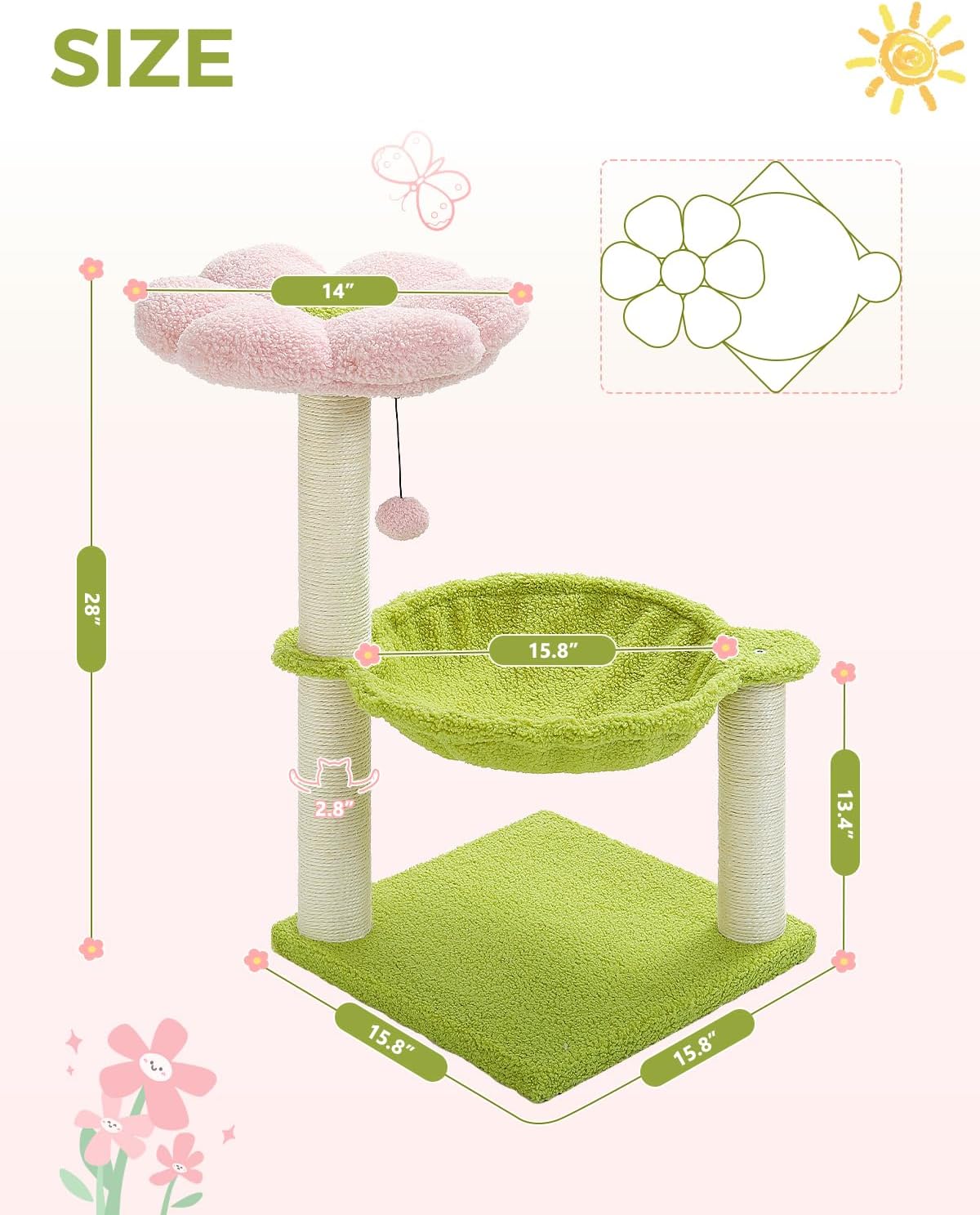 Flower cat tree, 28 inch cat tower with comfortable perch, large hammock for indoor cats, pink