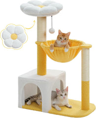 Flower cat tree with large metal frame hammock, 35 inch cute cat tower, with sisal grab post, suitable for small indoor cats