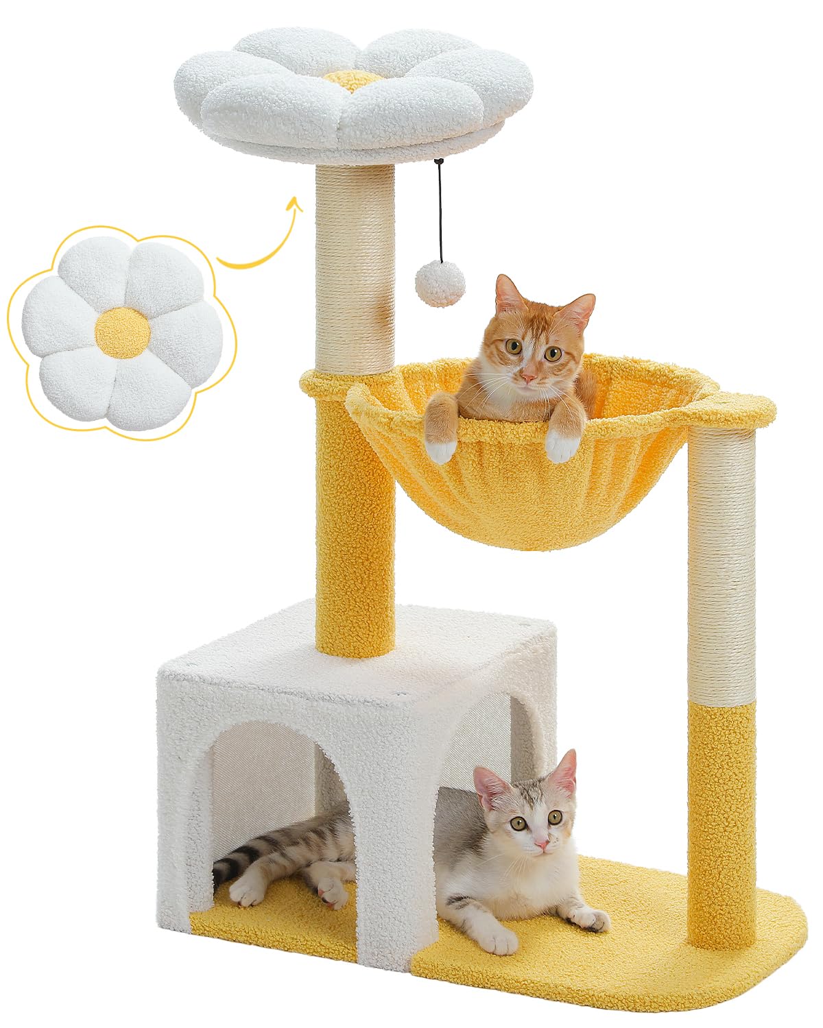 Flower cat tree with large metal frame hammock, 35 inch cute cat tower, with sisal grab post, suitable for small indoor cats