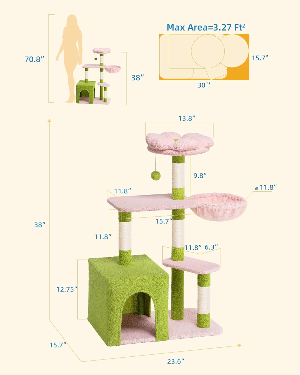 Indoor cat with flower cat tree, 41.2-inch adult cat with cute cat tree | 2-door large cat apartment cave bed, cat tower with scratch post, comfortable flower perch and kitten hammock