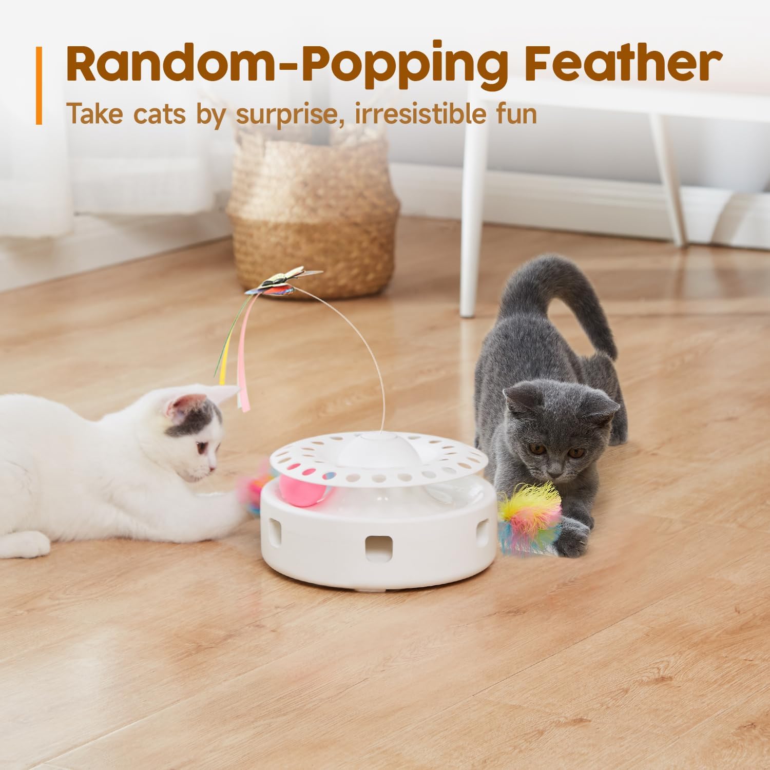 Cat Toy 3-in-1 Automatic Interactive Cat Toy, Butterfly Dancing, Feather Moving, Track Ball, Indoor Sports Kick (Bright White)