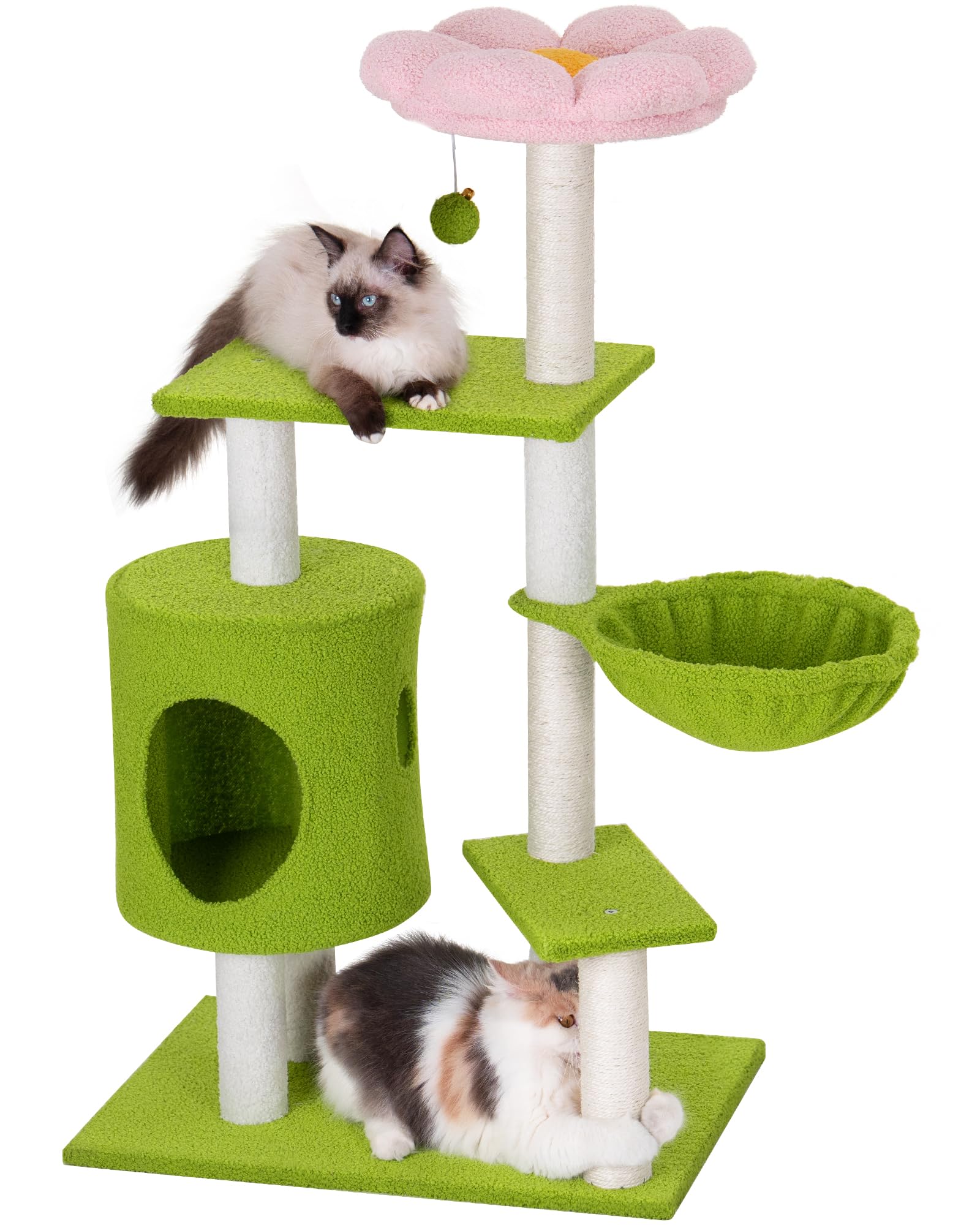 Indoor cat with flower cat tree, 41.2-inch adult cat with cute cat tree | 2-door large cat apartment cave bed, cat tower with scratch post, comfortable flower perch and kitten hammock