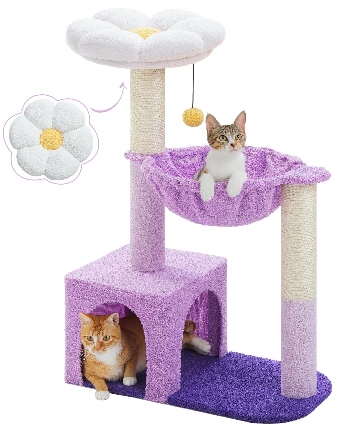 Flower cat tree with large metal frame hammock, 35 inch cute cat tower, with sisal grab post, suitable for small indoor cats