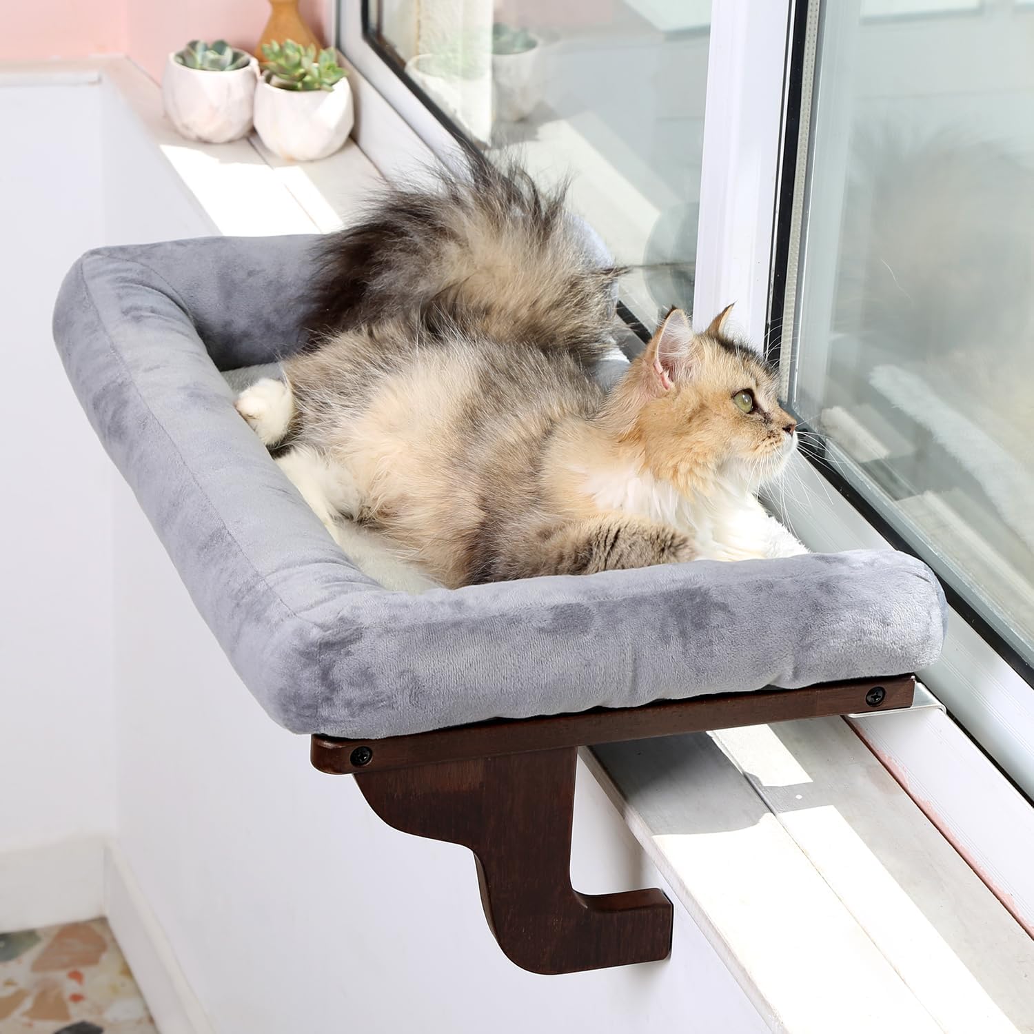 Cat pad, used for window sills with cushions - orthopedic hammock design, made of high-quality hardwood and sturdy metal frame - natural color wood gray bed
