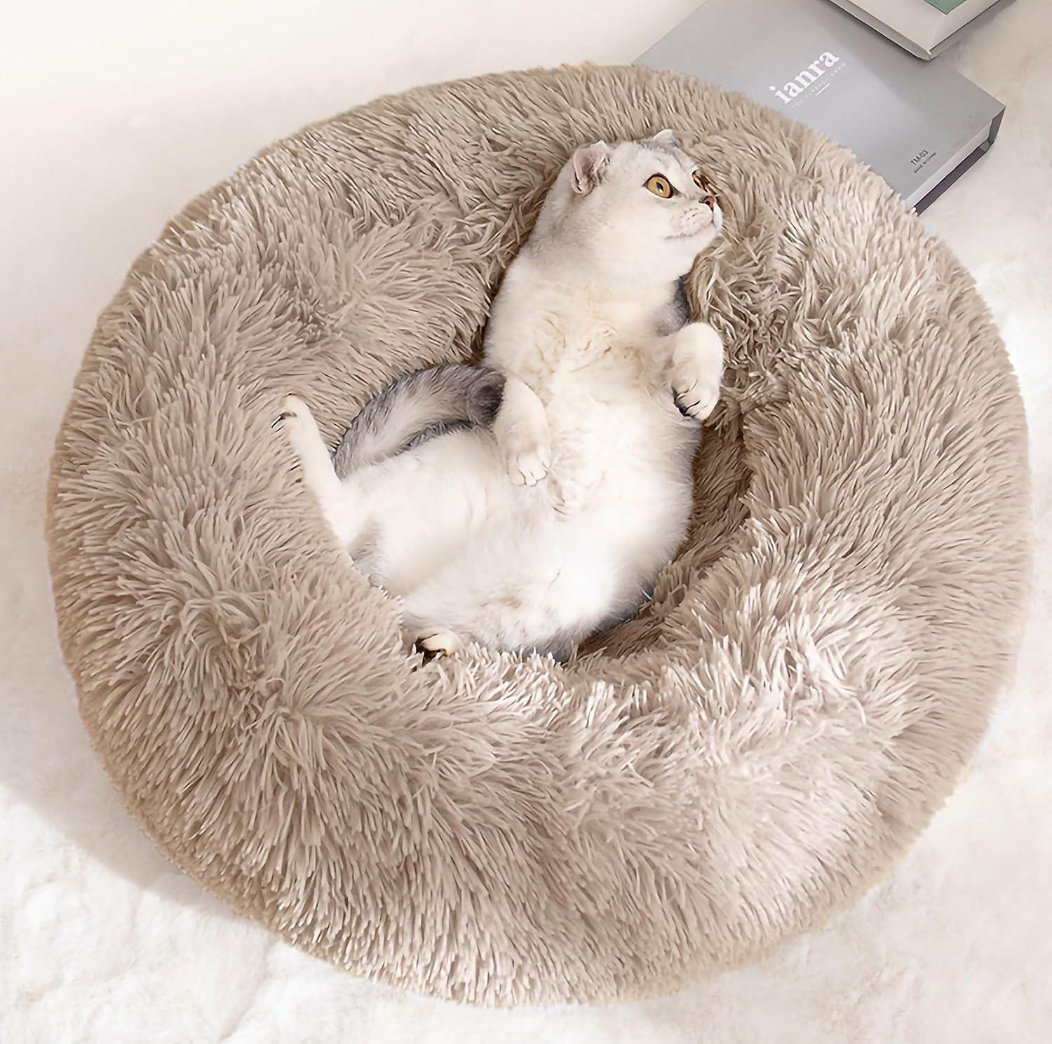 20/24 inch washable cat bed, small to medium-sized dog bed, anti anxiety round fluffy plush faux fur pet bed (pink, medium)
