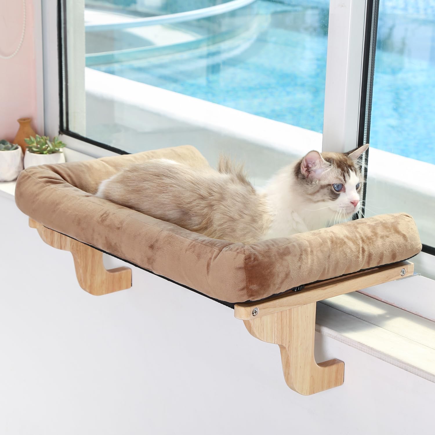 Cat pad, used for window sills with cushions - orthopedic hammock design, made of high-quality hardwood and sturdy metal frame - natural color wood gray bed