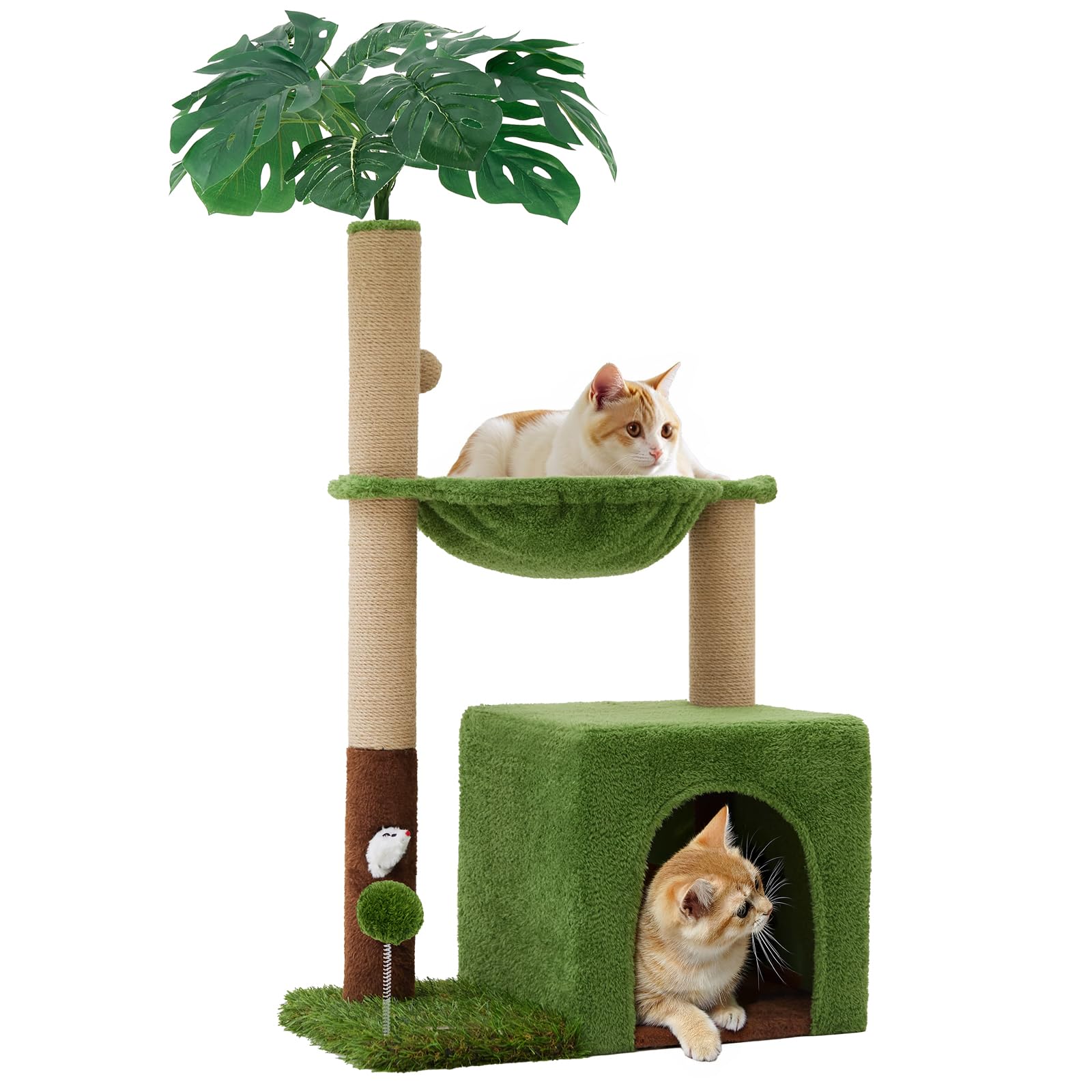 Palm tree, cat tree, 37 inch pole grabbing tower, tropical jungle amusement park, and comfortable plush hammock with natural jute and sisal rope